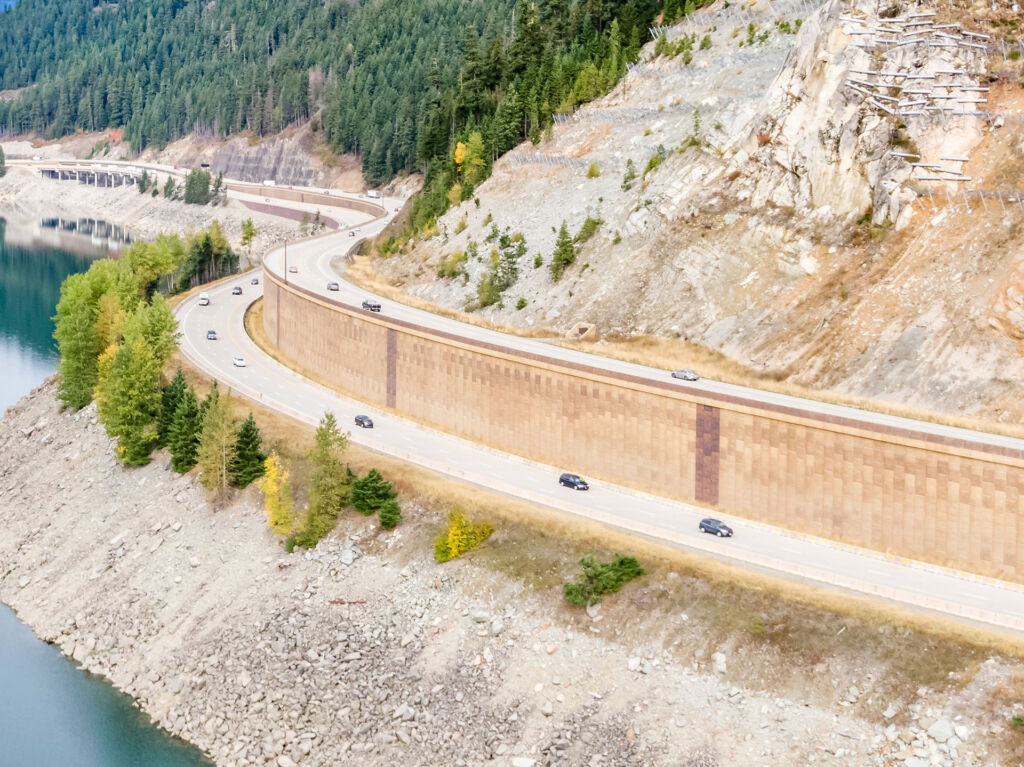 Completed MSE wall supporting split highway lanes