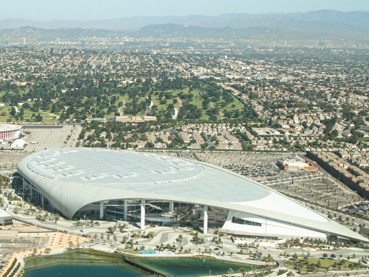 Aerial view of completed SoFi stadium